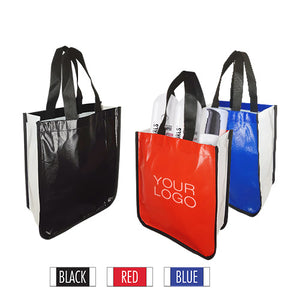 Three shopping bags in different colors with "Your Logo" printed on them