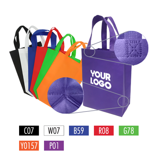 A collection of colorful tote bags featuring the words "your logo"