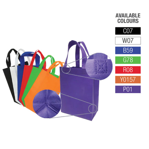 A group of colorful non-woven promotional shopping bags with "X" stitch reinforced handle
