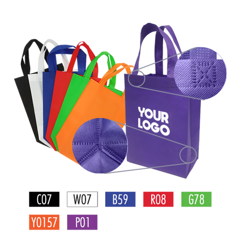A collection of colorful tote bags featuring the words "your logo"