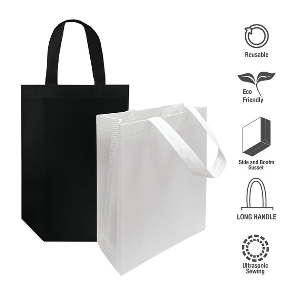 A black and a white non-woven shopping bags with features icons