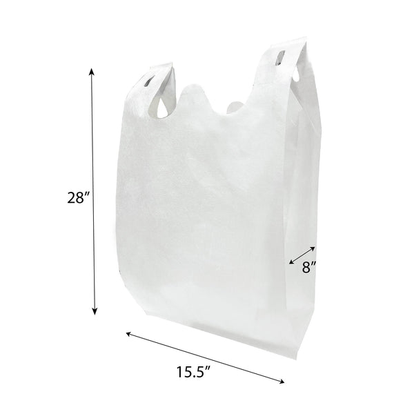 A white shopping bag with dimensions