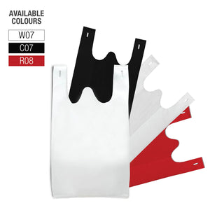Non-woven bag in white, red, and black displaying "available colours" text.