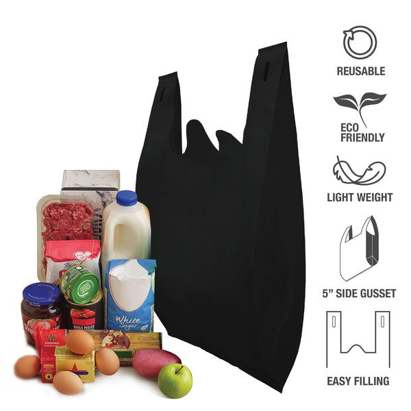 A black shopping bag filled with various grocery items
