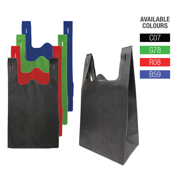 Assorted non-woven t-shirt bags in various colors