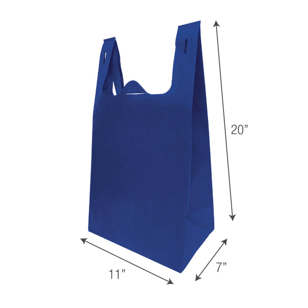Blue non-woven t-shirt bag with sturdy handles and measurements