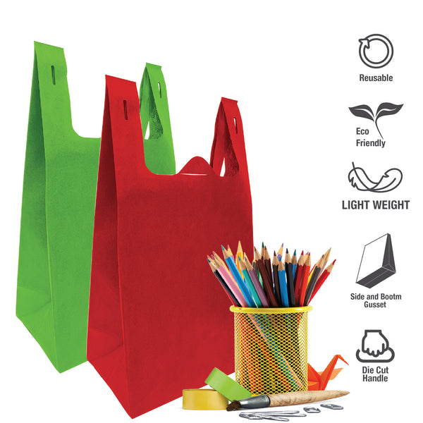 A red and green t-shirt bag filled with pencils and various items.