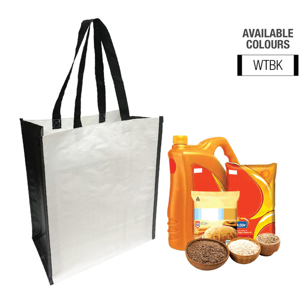A shopping bag filled with a diverse range of products, including groceries and household items.