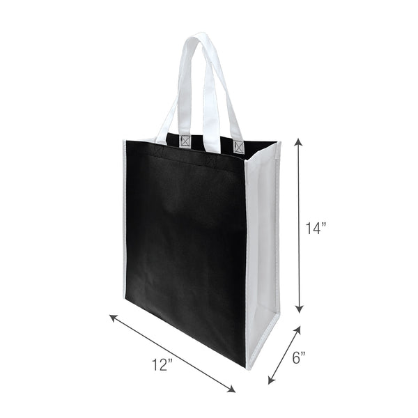 A non-woven black and white shopping bag with measurements
