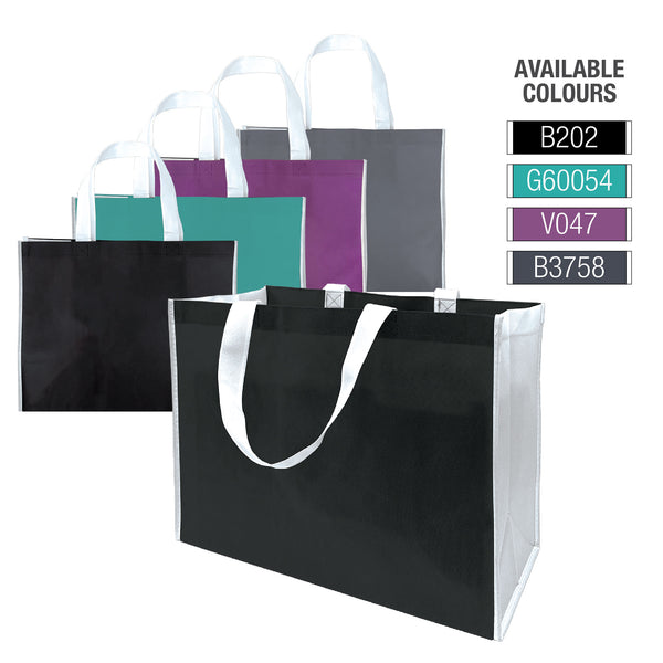 A collection of promotional shopping bags in vibrant colors
