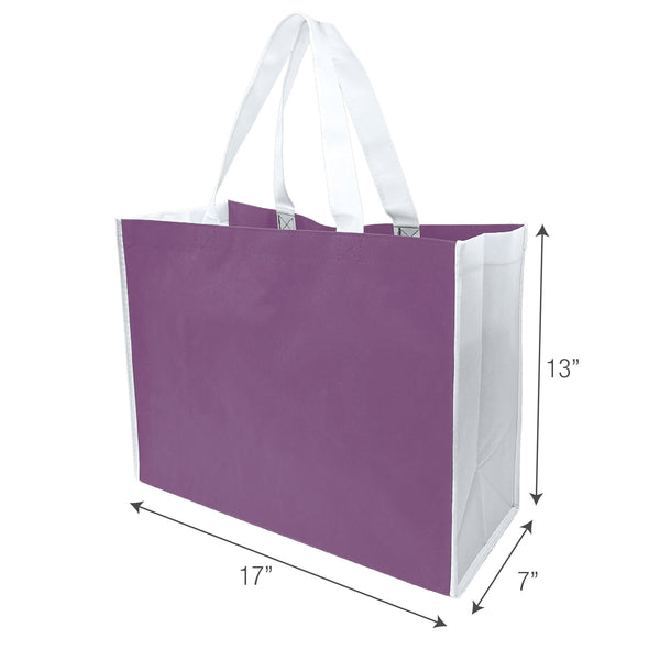 A large purple shopping bag with measurements