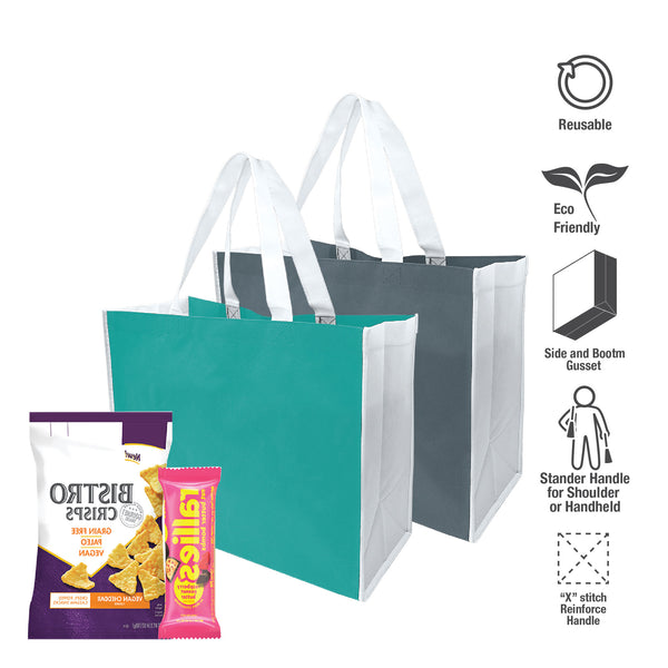 Two shopping bags with labels and snacks