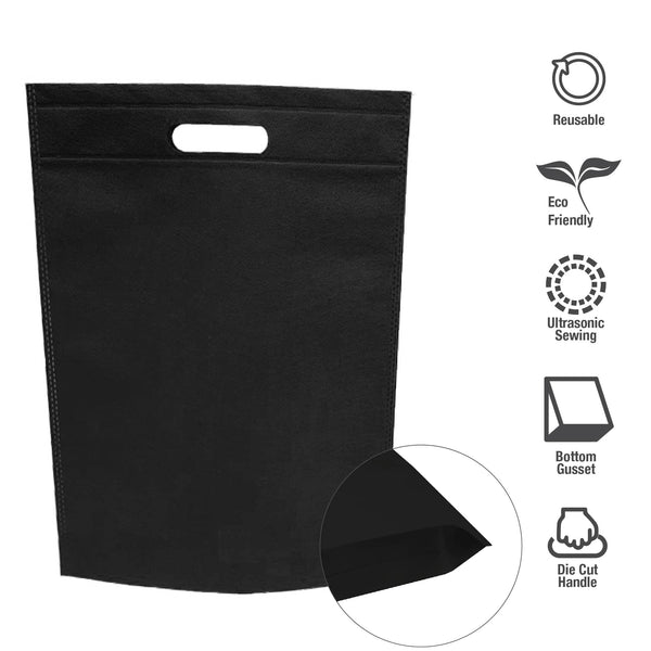 A black non-woven shopping bag with die-cut handles and labels