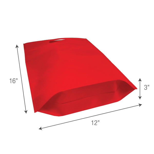 A red reusable bag with measurements