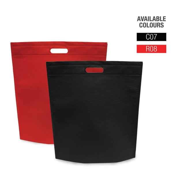Two reusable black and red shopping bags with the words "available colors".