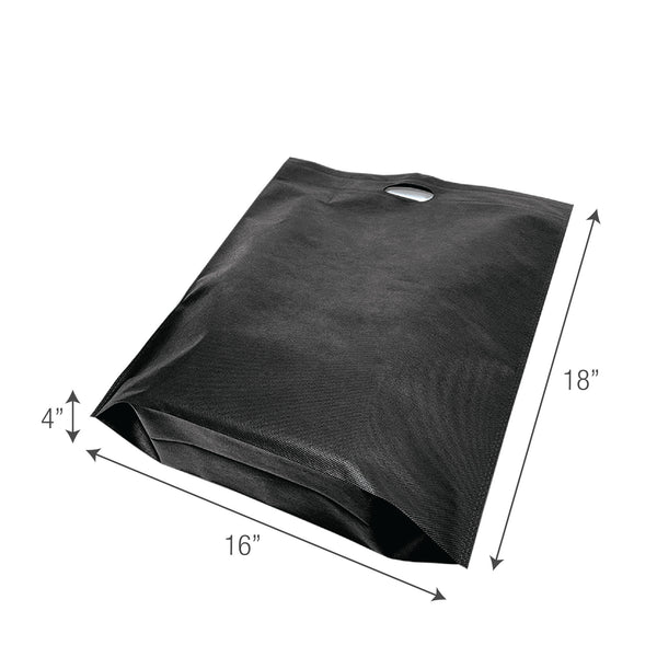 A reusable black shopping bag with measurements.