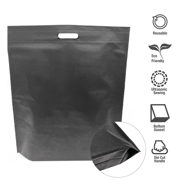 Black reusable bag with die-cut handles and labels