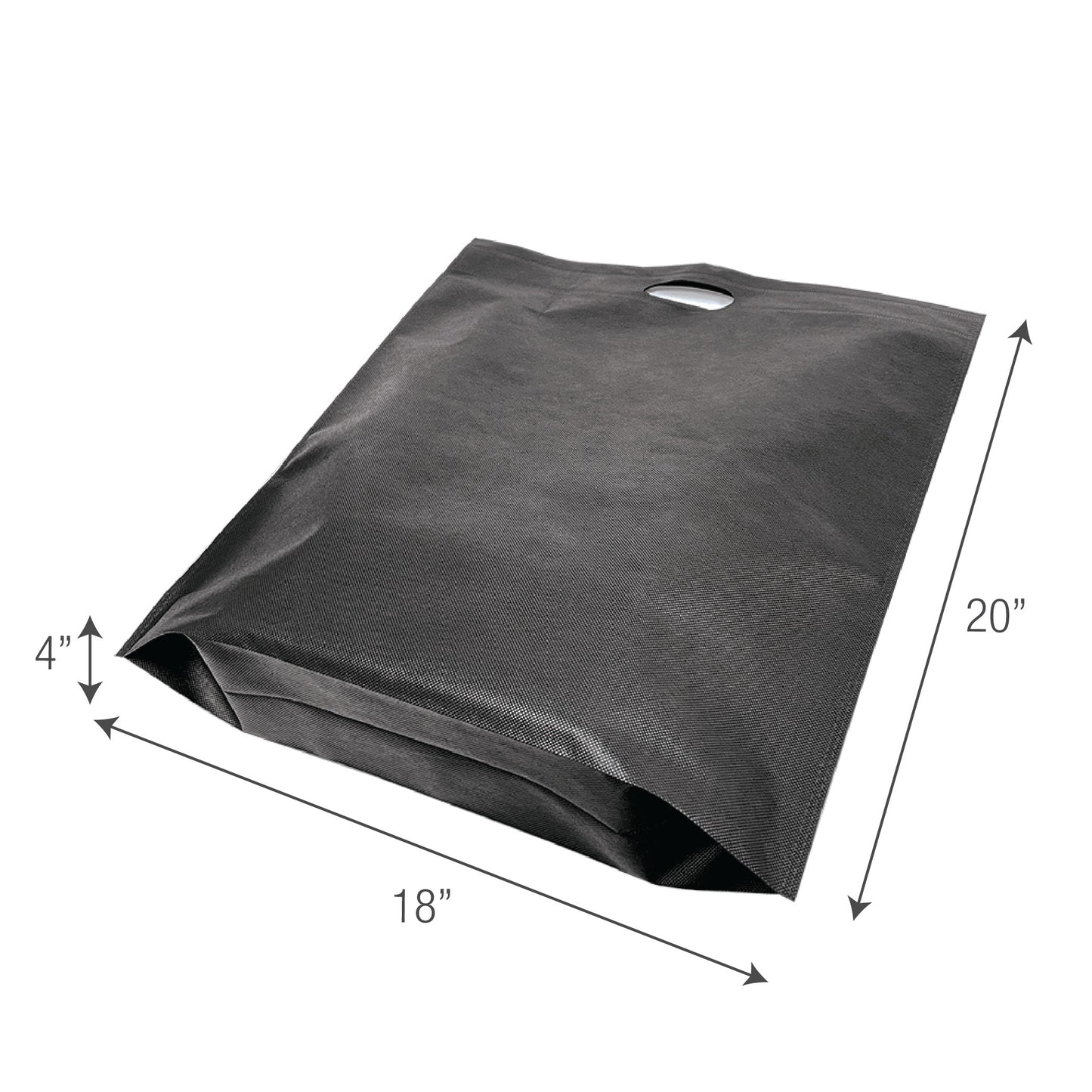A black reusable shopping bag with measurements.