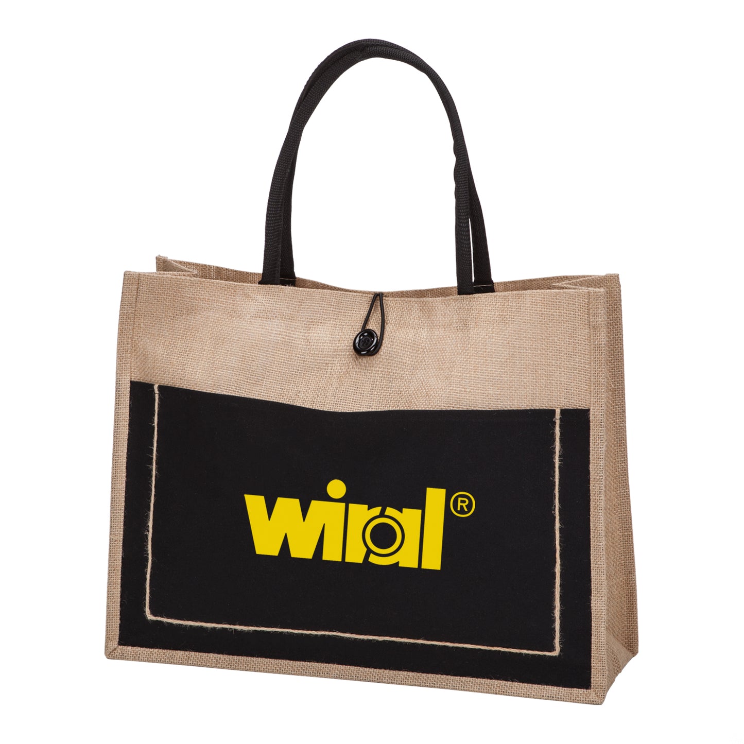 A jute promotional bag with black front pocket and black handles