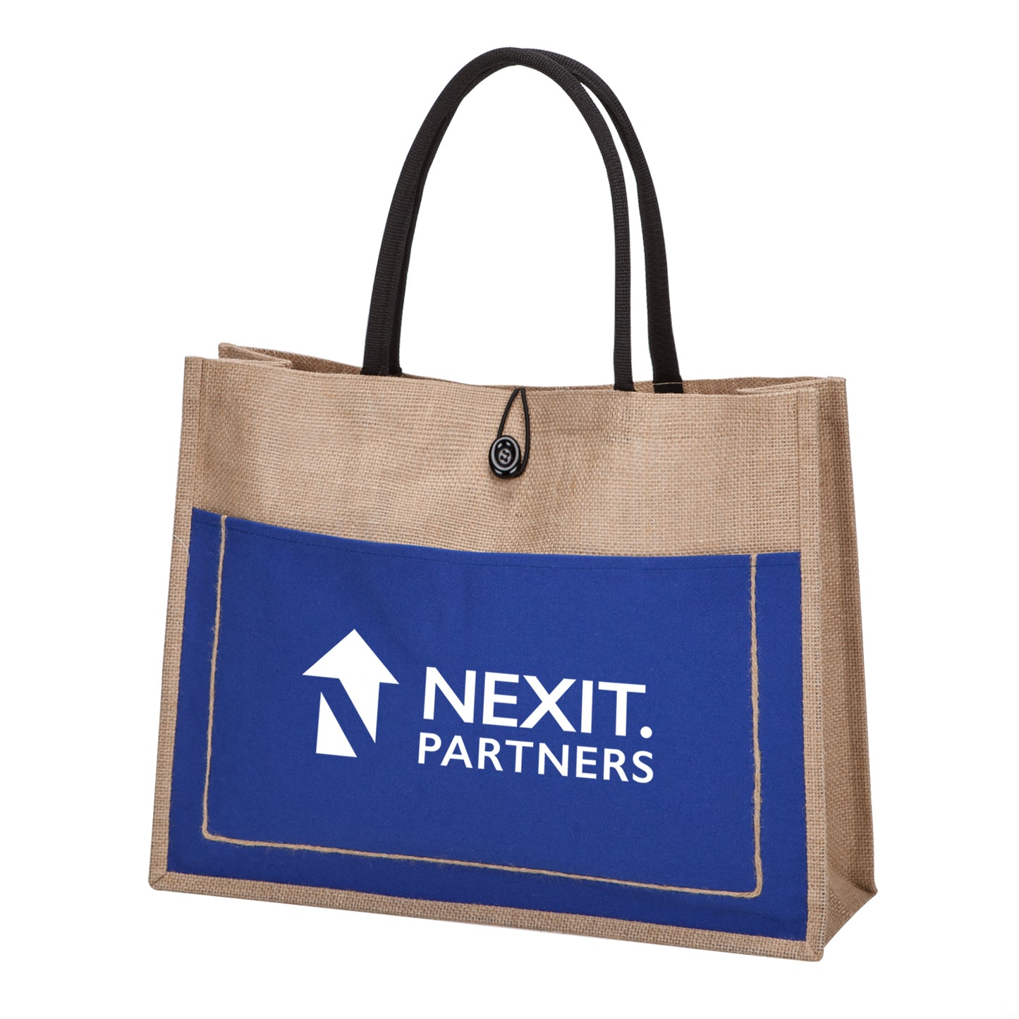 A custom printed jute tote bag with blue front pocket and black handles