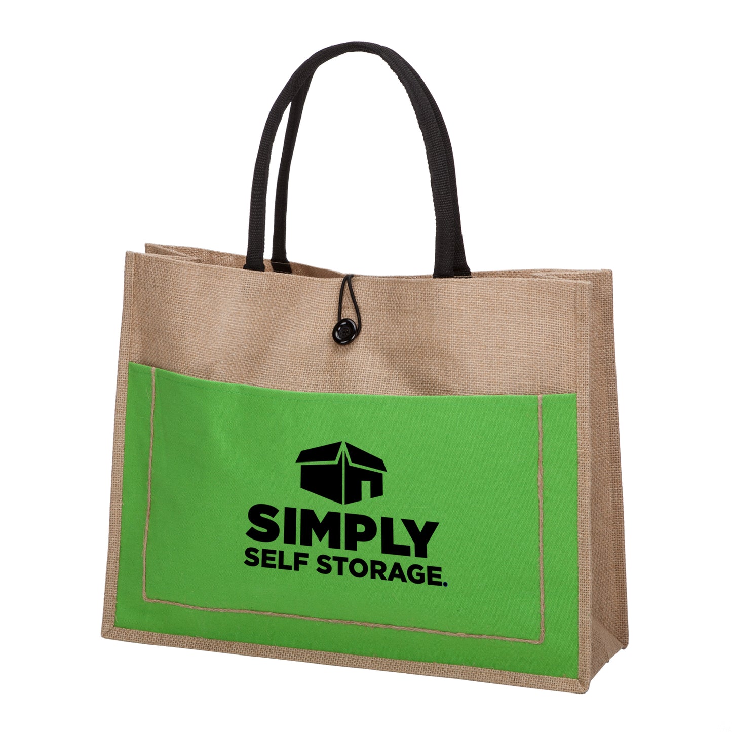 A jute tote bag with green front pocket and black handles