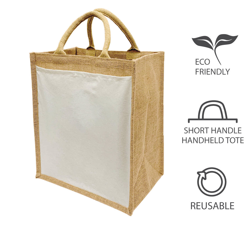 A jute shopping bag with labels