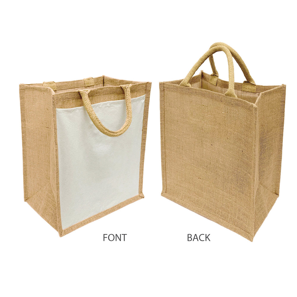 Two jute bags with handles, shown from the front and back
