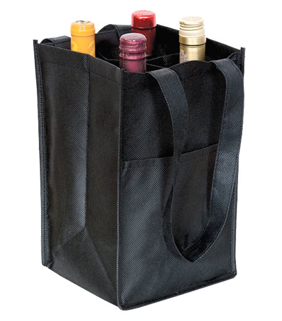 A black wine bag containing four bottles of wine.