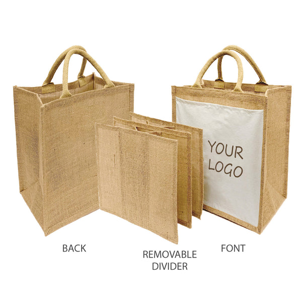 Custom printed jute shopping bag with removable divider