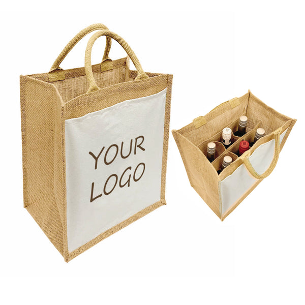 A jute bag containing 6 bottles of wine with the words "Your Logo"