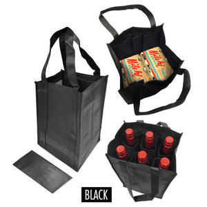 Black wine tote bag with six bottles and a black grocery bag