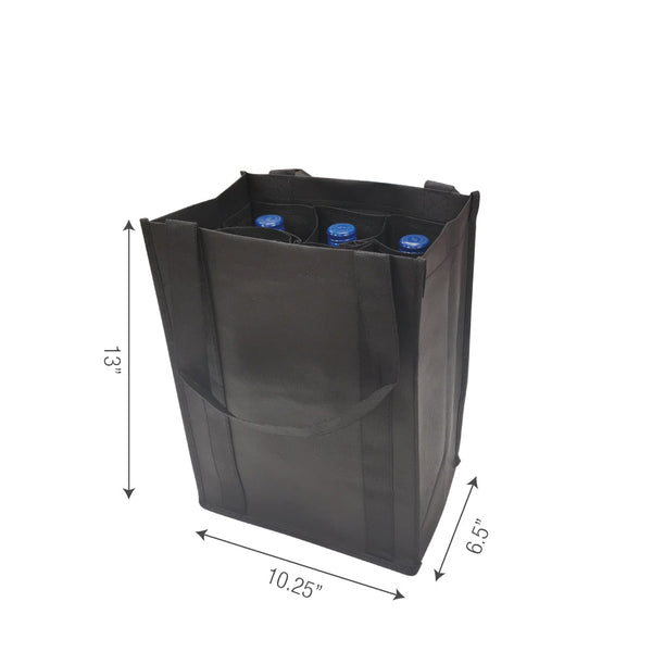 Black reusable shopping bags with three bottles inside and size measurements displayed