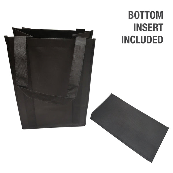 A black reusable shopping bag with a black bottom insert