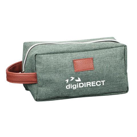 Green denim austin toiletry bag with leatherette carry handle and zipper closure