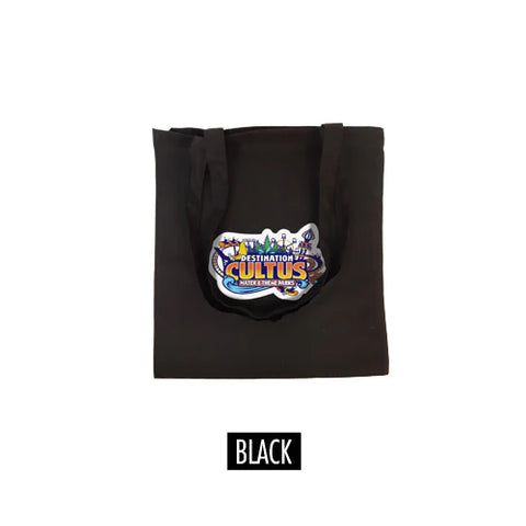 A black canvas bag with custom printed logo