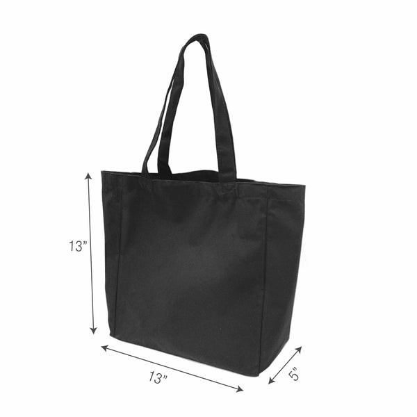 A black tote bag with measurements