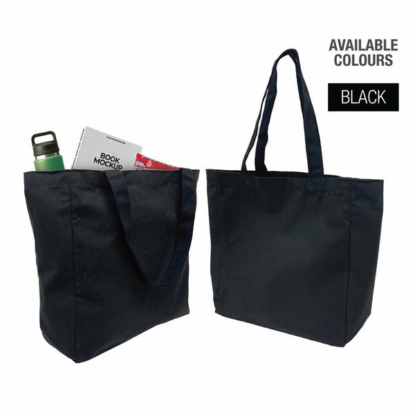 Two black canvas tote bags with the words "available colours" 