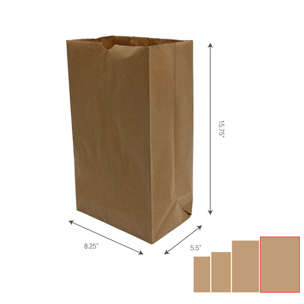A natural kraft sos paper bag with size measurements printed on the side
