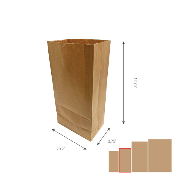A brown paper bag with size measurements printed on the side