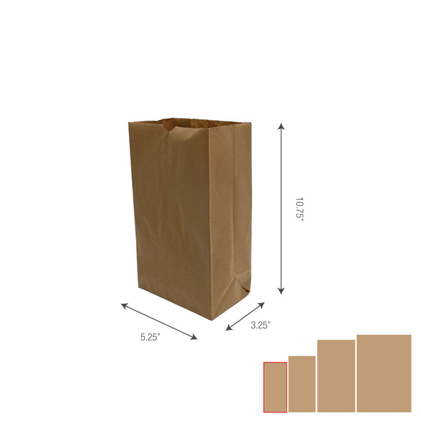 A brown paper bag with size measurements printed on the side