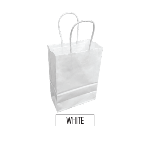 A white paper bag with twisted handles