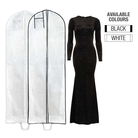 A black dress and garment bag showcasing available colors