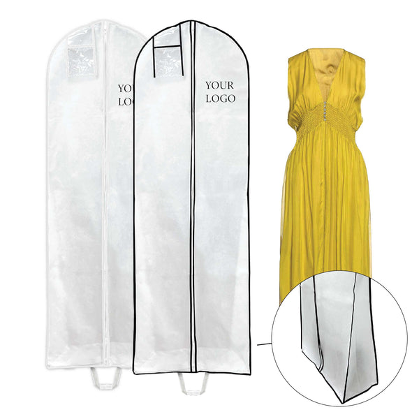 Yellow dress and white garment bag on display