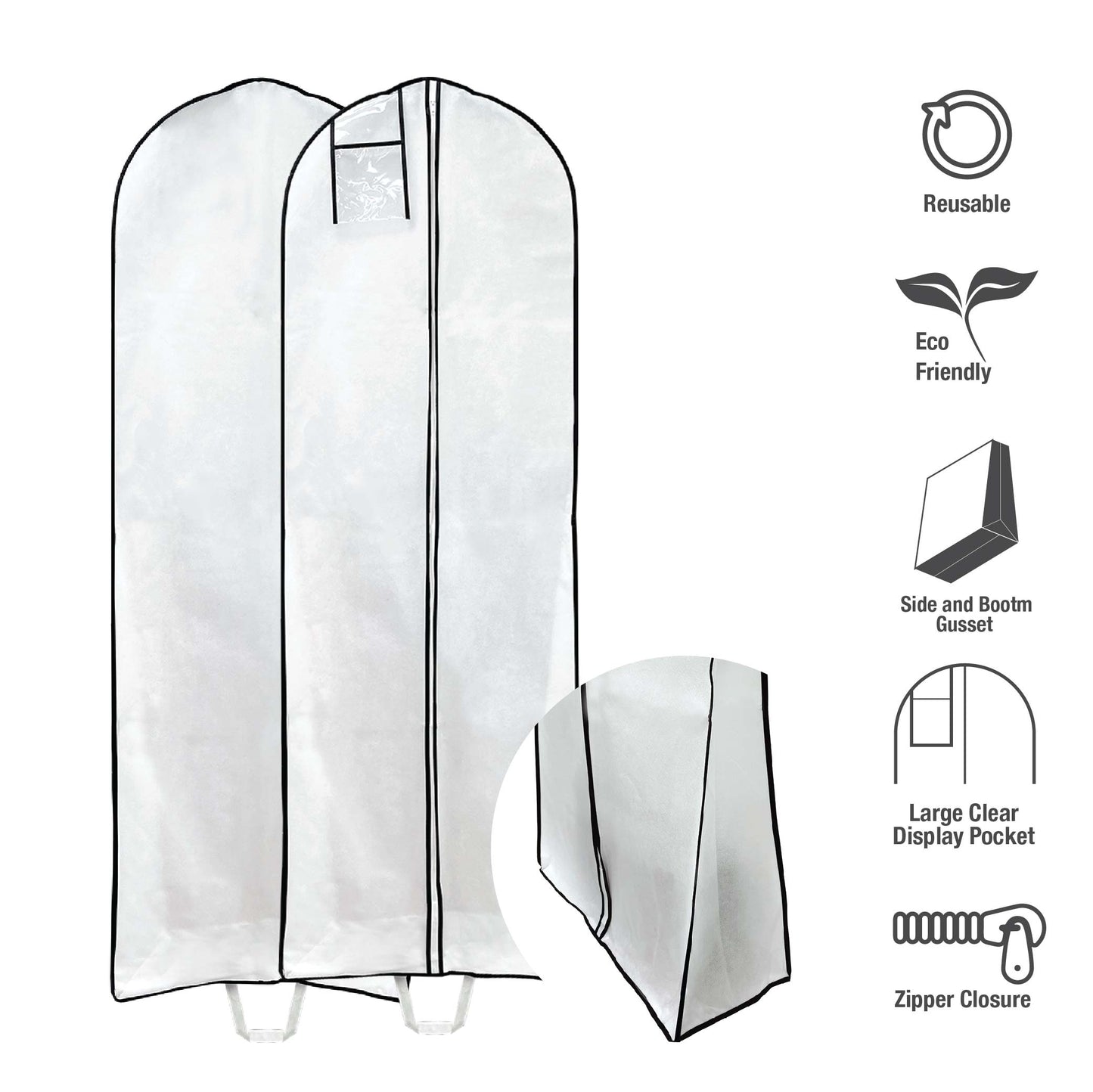 White garment bag with close-up of buttom gusset 