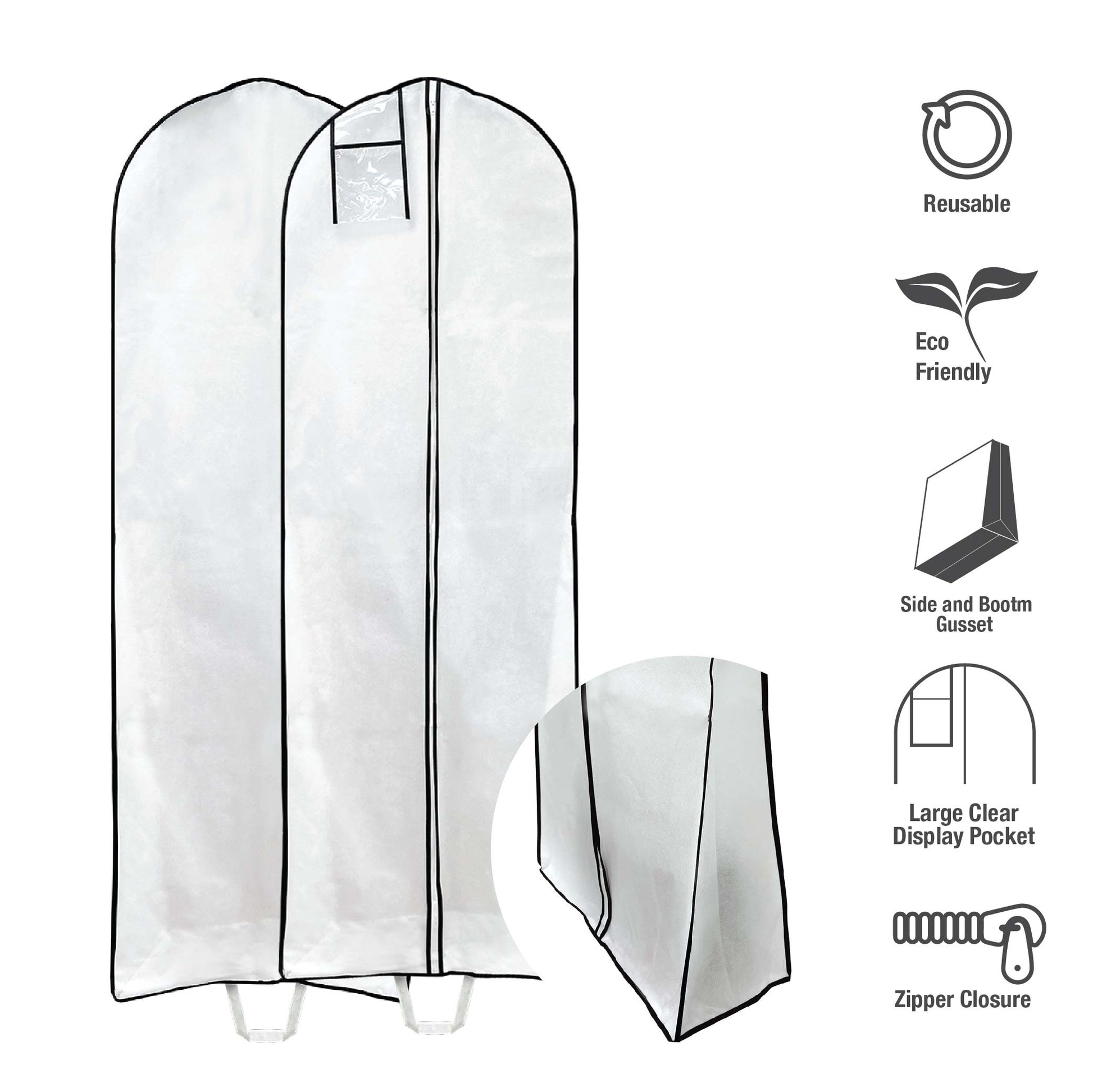 White garment bag with close-up of buttom gusset 
