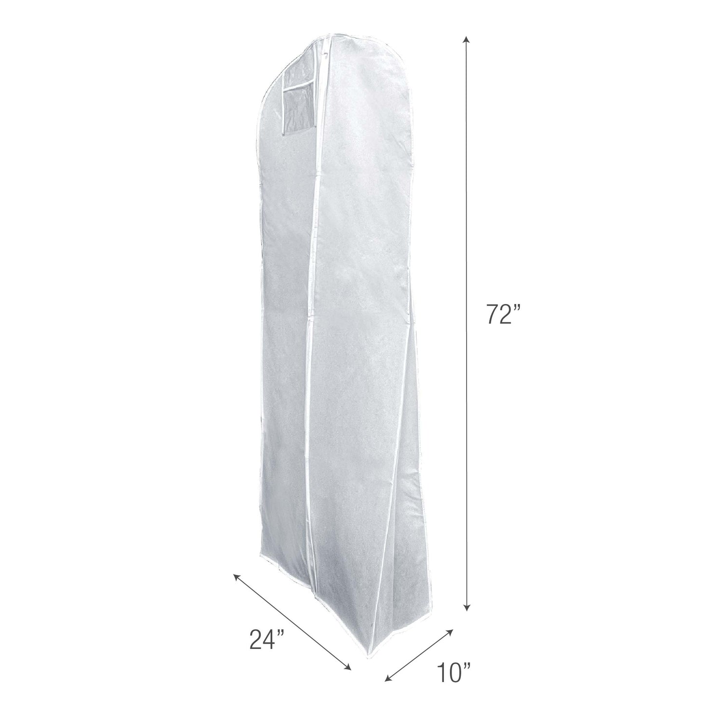 A white garment bag with measurements