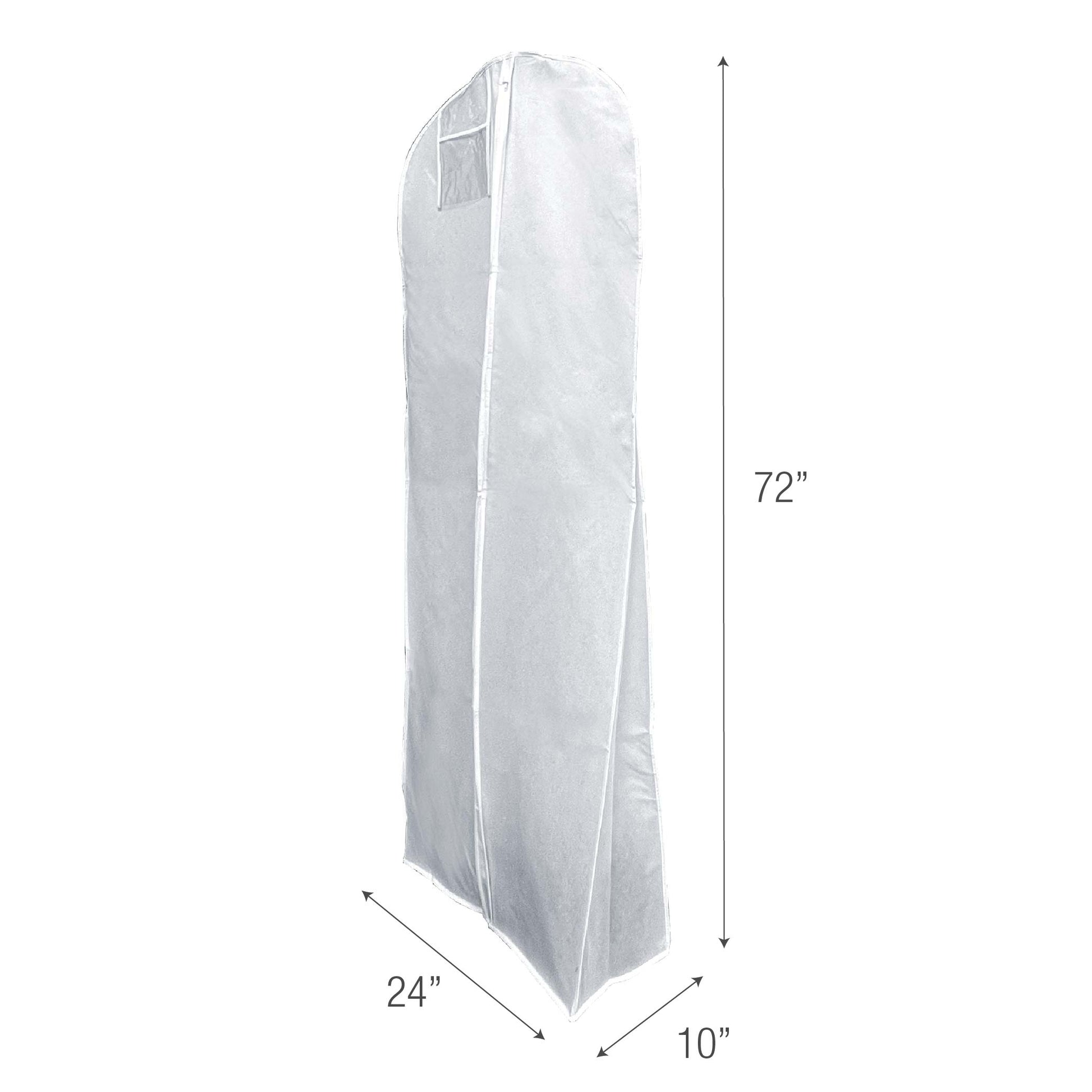 A white garment bag with measurements
