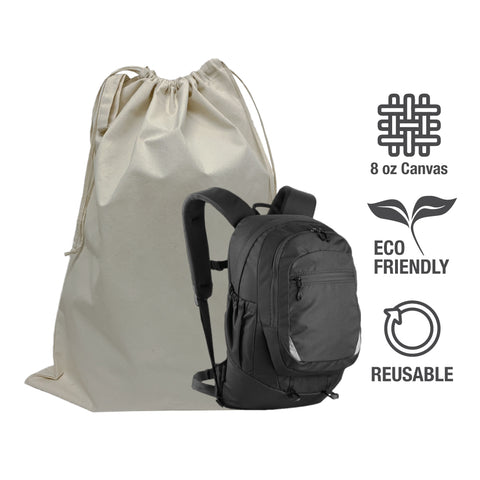 A black backpack and a canvas drawstring bag combined in one image