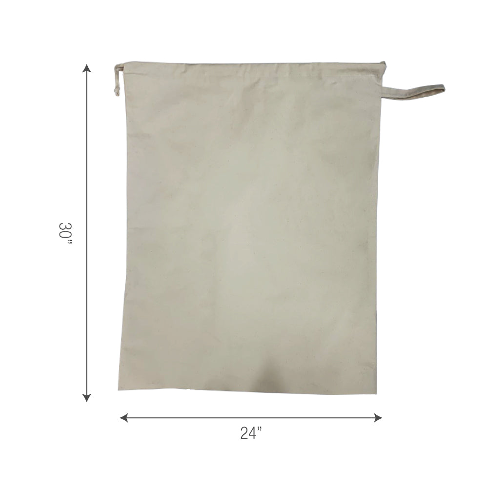 A white cotton bag with measurements