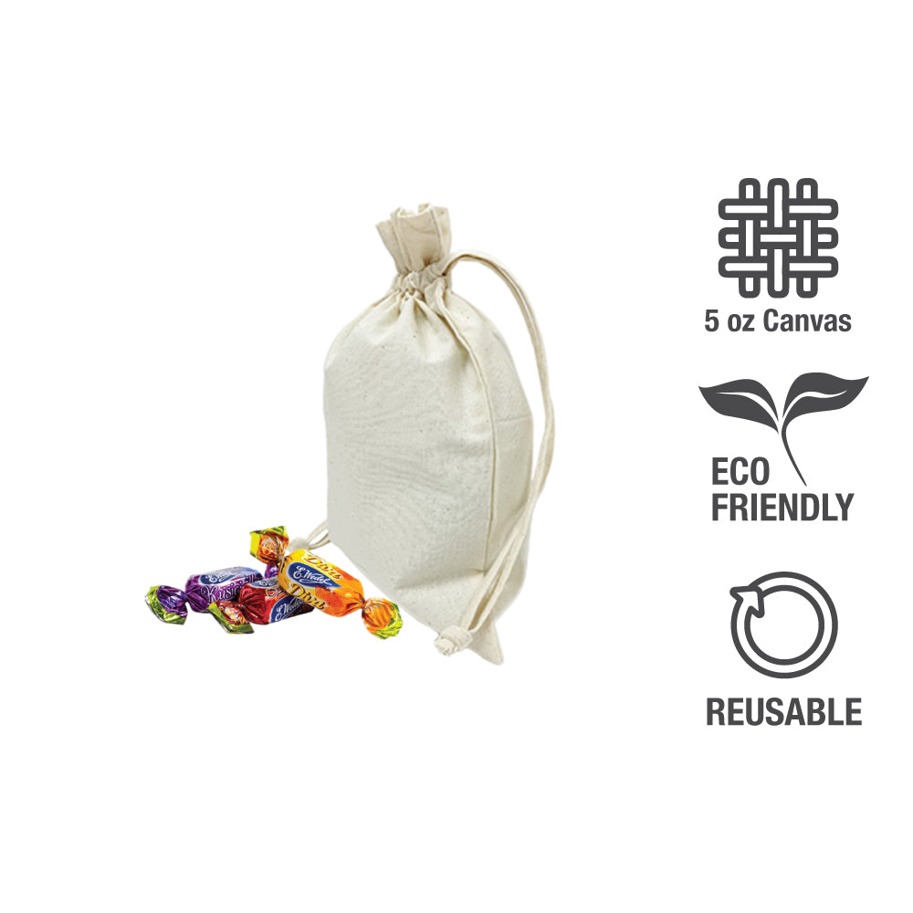 A white drawstring bag with a tag displaying available colors.